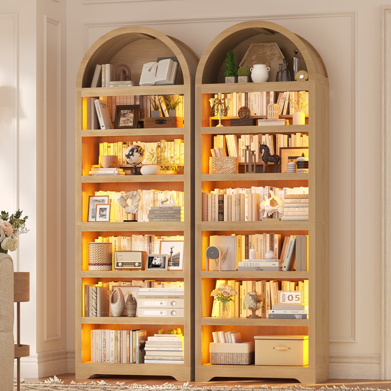 79.4" Tall Arched Bookshelf With Led Light, Modern 7-Tier Storage Cabinet With Adjustable Shelves (Set Of 2), Oak