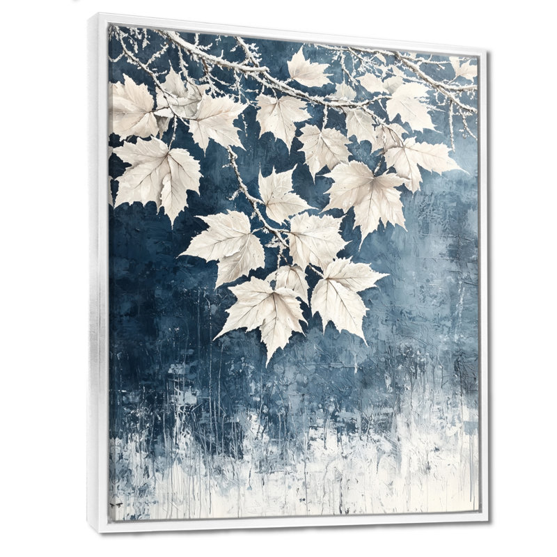 «White Frosted Leaves Branches IV» - art mural feuilles, H 20 po x l 12 po, Reproduction avec cadre flottant, Blanc
