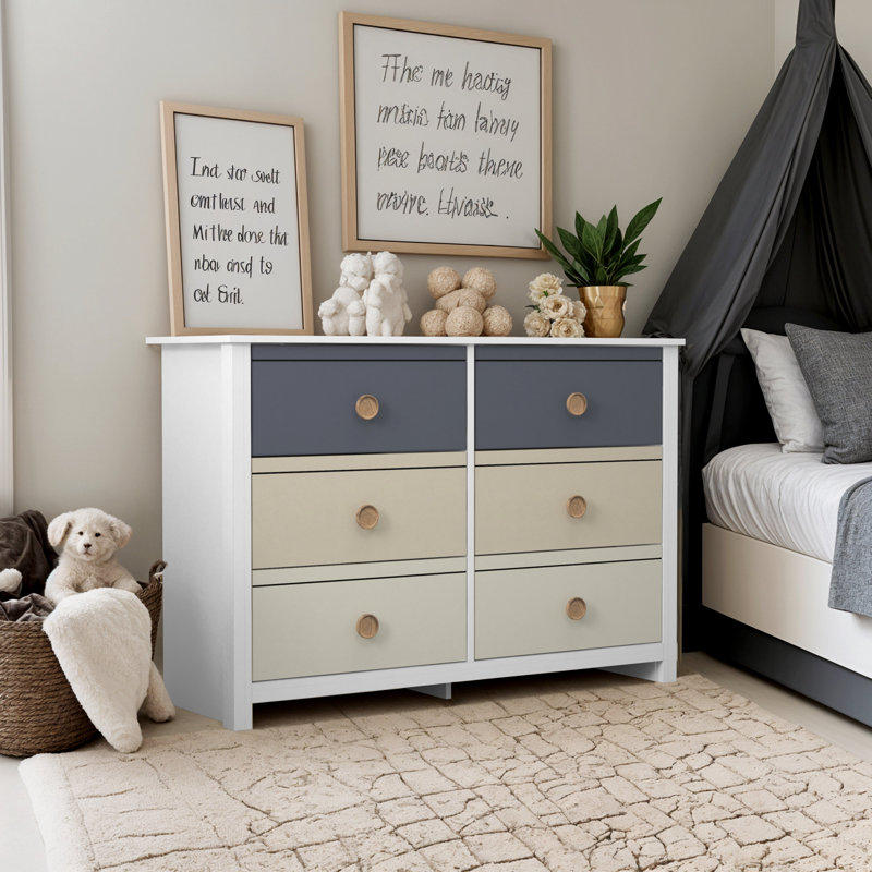 Bustillo 46.1'' W kids 6 -Drawer Dresser, White/Night Owl/Parchment/Ivory