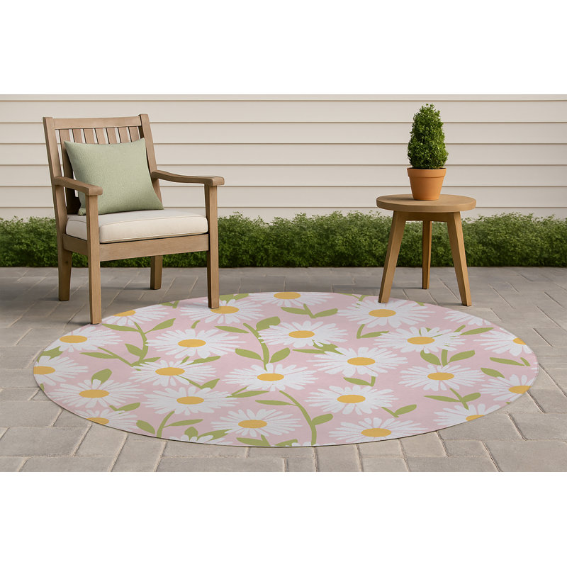Sweet Daisy Decorative Outdoor Rug, Round 5', Pink