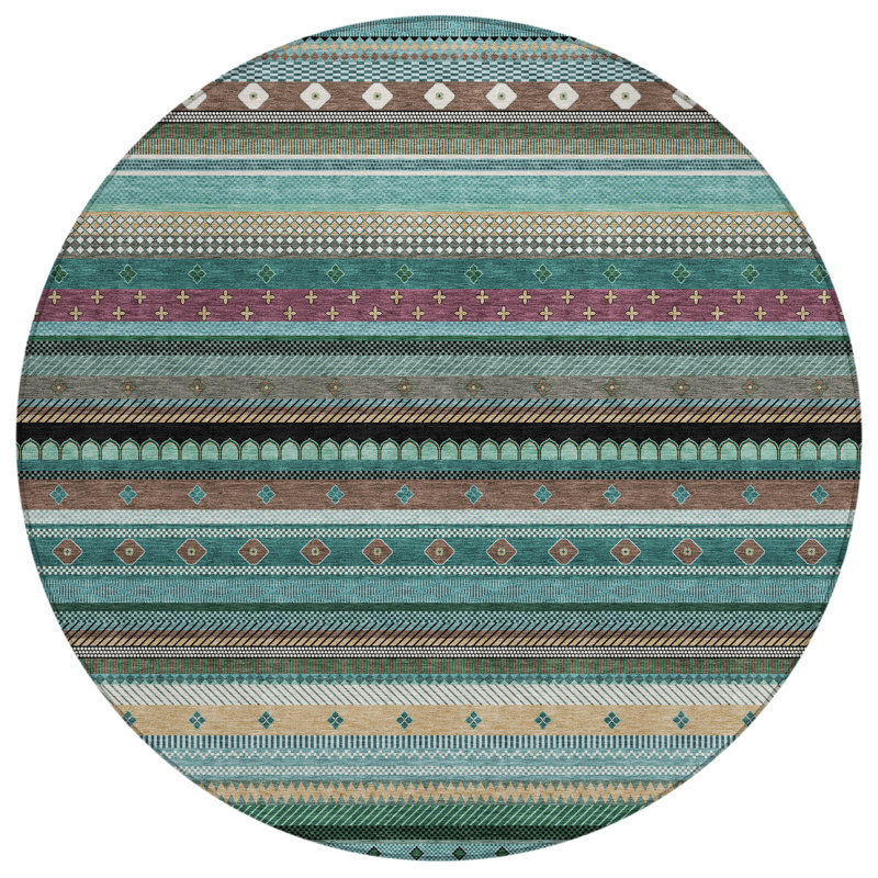 Machine Washable Indoor/Outdoor Husby ACN2218 Striped Rug, Round 8'