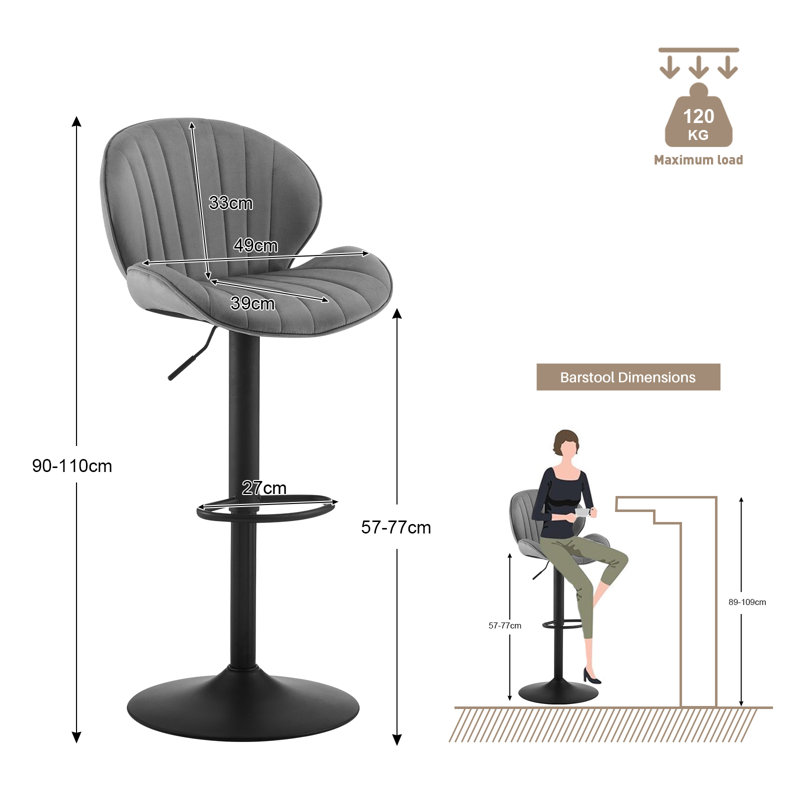 Swivel Upholstered Adjustable Height Counter Stool with Metal Frame, Grey
