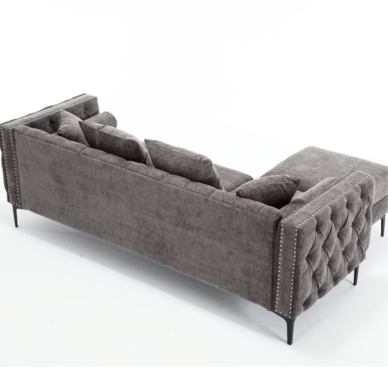 Chenille moderne à accoudoirs carrés, 3 places, gris foncé avec rangement modulaire gris, dossier, disponible, Gris foncé