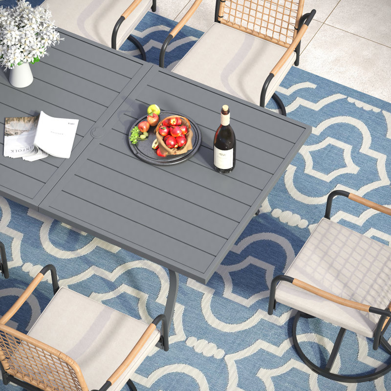 6-Person 63" Rectangular Outdoor Dining Set With Cushioned Swivel Woven Rattan Chairs, Gray