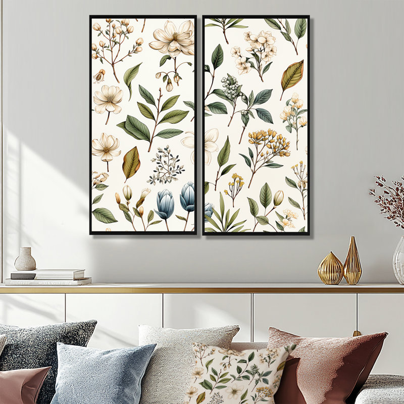Botanique esquissé - art mural bohème et éclectique beige, 2 pièces, H 32 po x l 32 po, Impression encadrée flottante, Noir