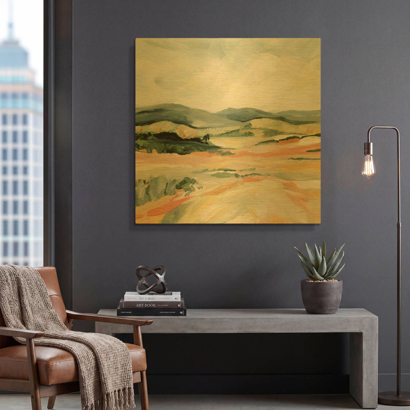 «Vermillion Landscape I» par Katrina Pete, art mural en métal doré, 36 po x 36 po, 36 po x 36 po