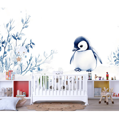 Papier peint minimaliste, pingouin et feuilles d'hiver