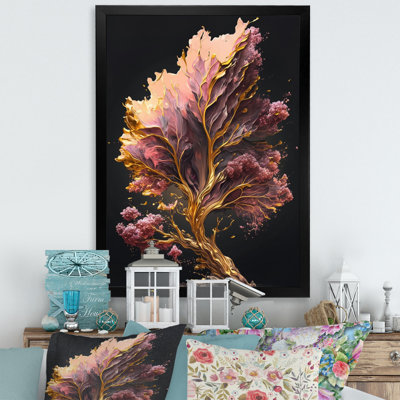 Abstrait rose et feuilles d'or II - reproduction sur toile