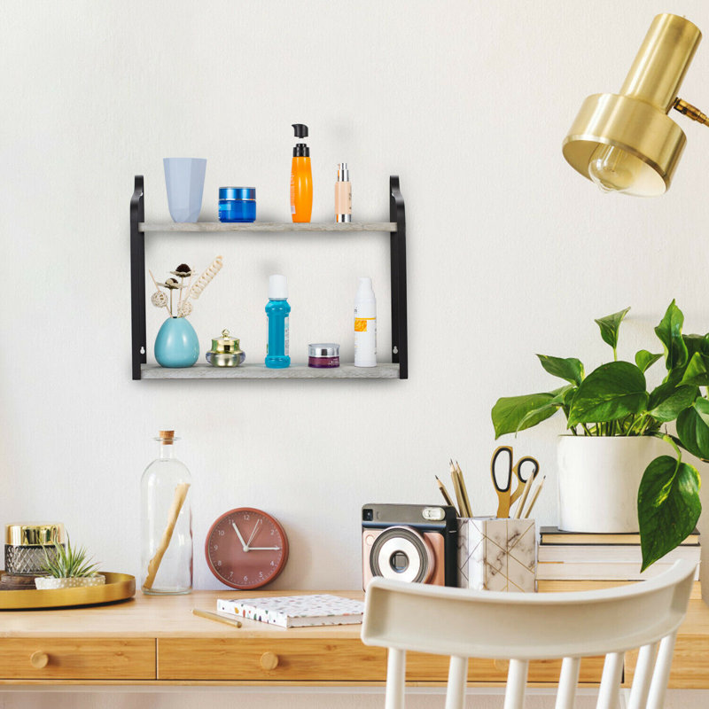 2 Tier Wall Mount Shelf Rustic Wood Storage Rack, Gray