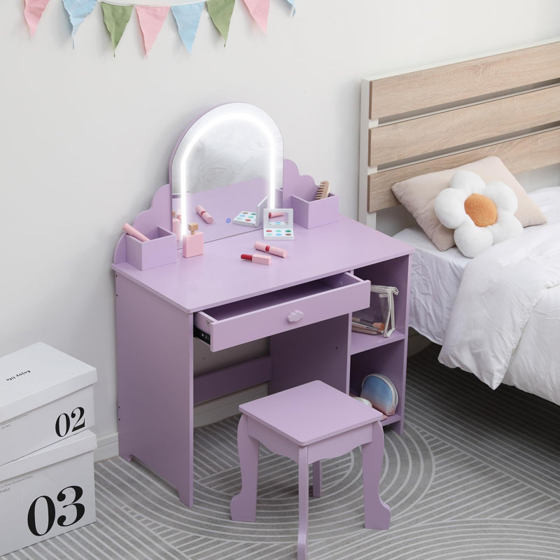 Girls Vanity Set with Mirror & Stool, Kids Makeup Table for Ages 3-9, 3 LED Light Modes, Drawer & Shelves, Durable MDF