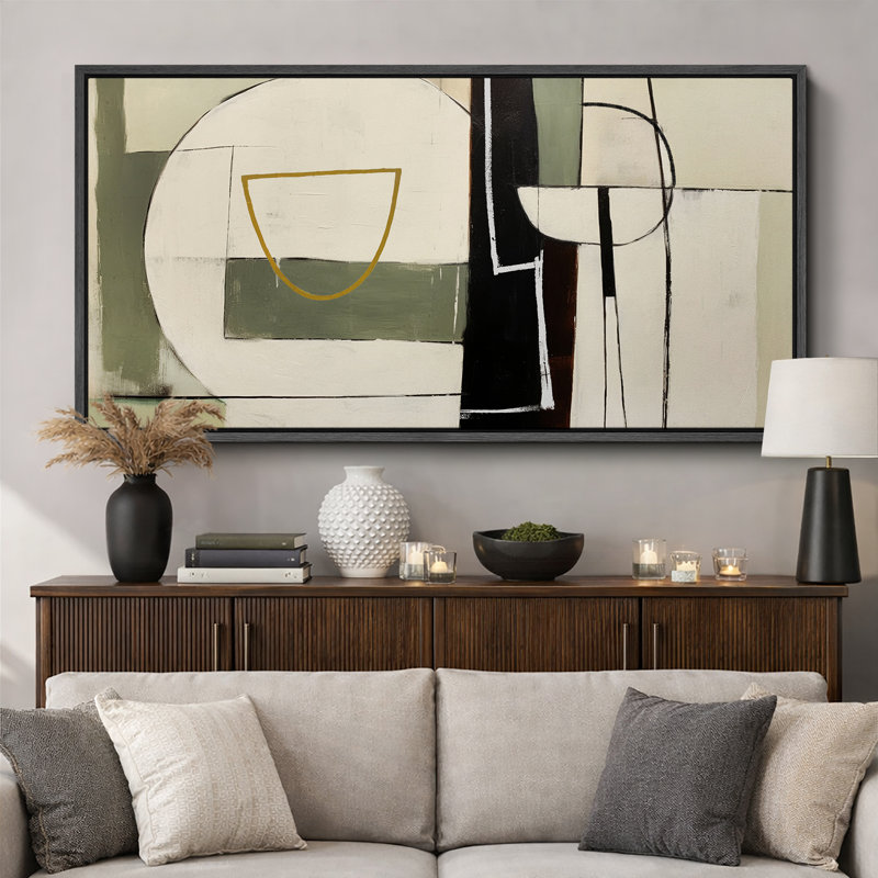 «Mid Century Shape Abstract Geometric Shapes», reproduction encadrée sur toile, H 30 po x l 60 po, Noir, noir, noir, noir