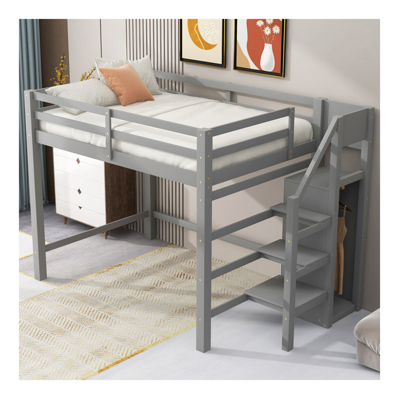 Lit mezzanine double avec garde-robe et escalier de rangement intégrés, gris