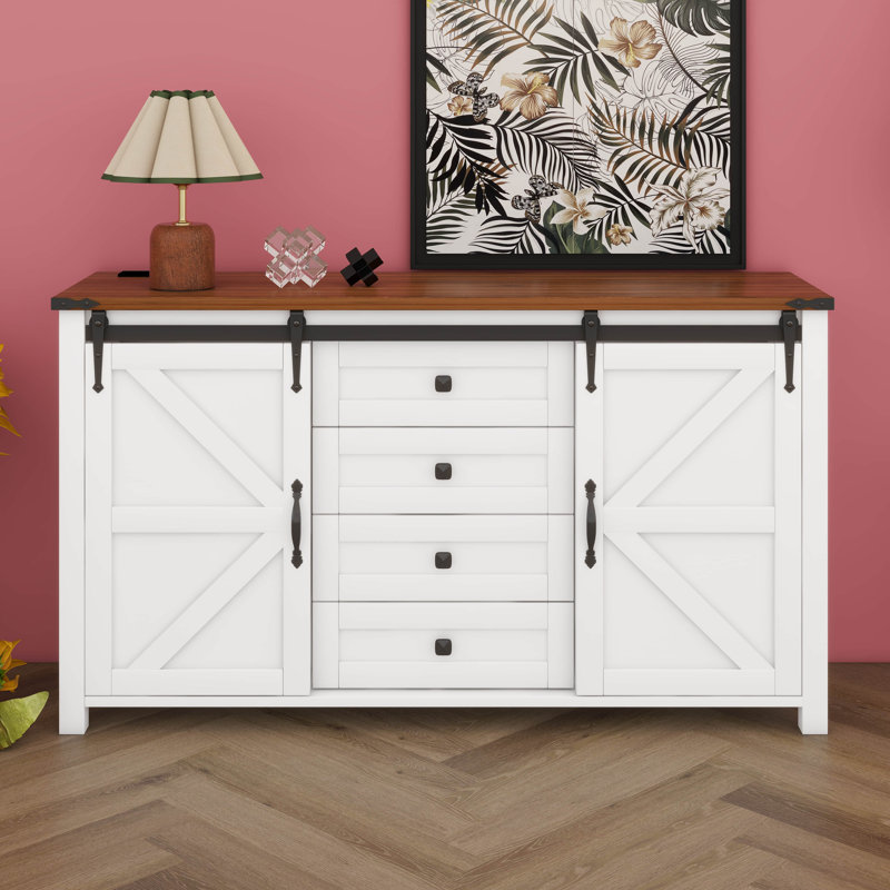 55.1-Inch Sideboard With Sliding Barn Doors And 4 Drawers, Cabinet Buffet Table With Built-In Power Outlet, Scratch-Resistant