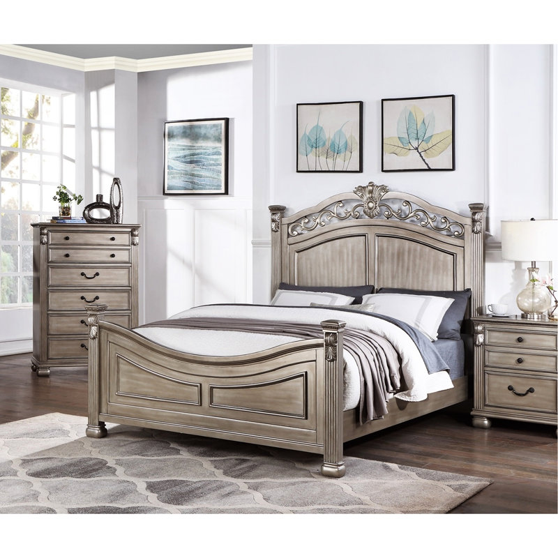 Très grand lit, argent antique, lit de chambre à coucher de style artisanal américain traditionnel, finition argentée, cadre de lit