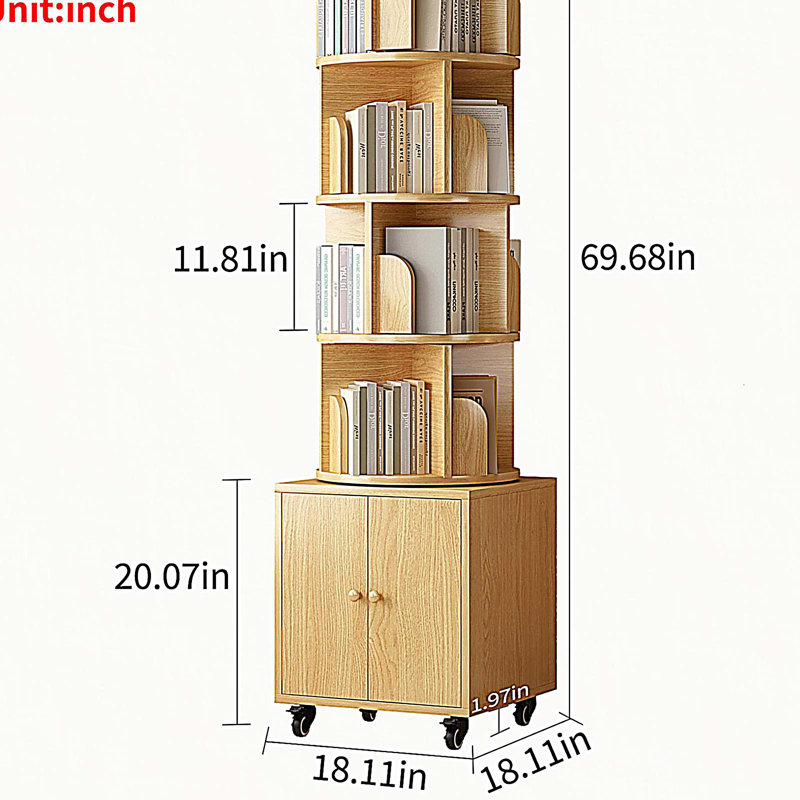Bibliothèque rotative, bibliothèque d'angle à 5 niveaux avec tiroir à 360 degrés, étagère de rangement sur pied au sol, étagère à livres étroite en bois