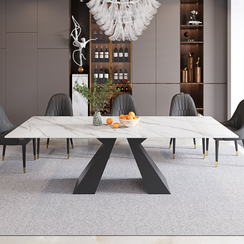 Raliect Dining Table Set for 8-10 With 63'' to 94.5” Extendable Sintered Stone Table and 8 Faux Leather Chairs, Black
