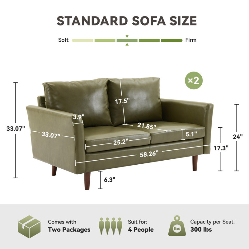 Bobur 58" Wide Faux Leather Loveseat Sofa(Set Of 2), Olive Green