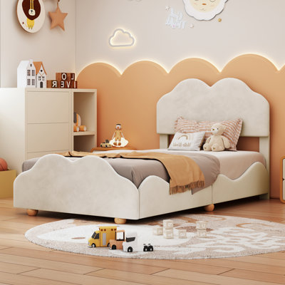 Lit plateforme tapissier avec panneau de lit en forme de nuage, beige