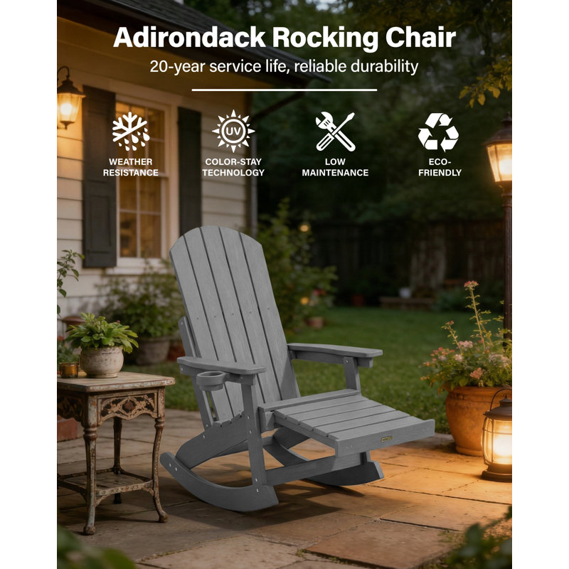 Outdoor Adirondack Rocking Chair With Retractable Ottoman HIPS All Weather Oversized Plastic Patio Rocker Chair, Gray