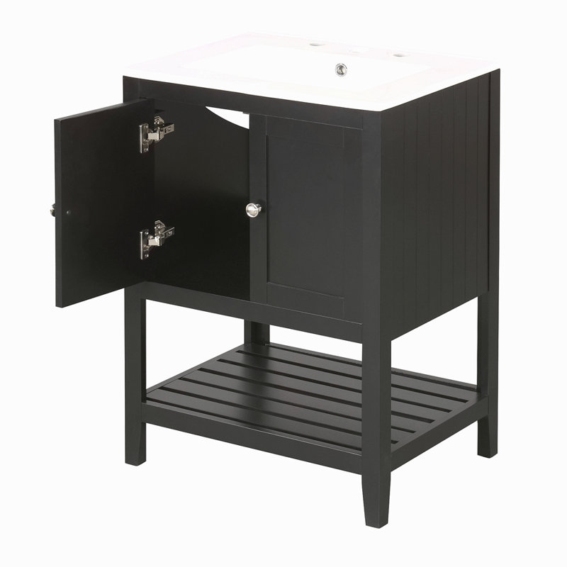 Lavabo de salle de bain moderne élégant en céramique noire 24 po avec tablette ouverte en bois massif, Noir