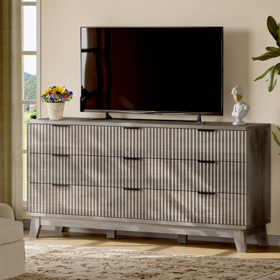 9-Drawer Fluted Dresser, 63" Extra Wide Entertainment Center & Storage Organizer, Mid-Century Modern Chest for Living Room, Bedroom