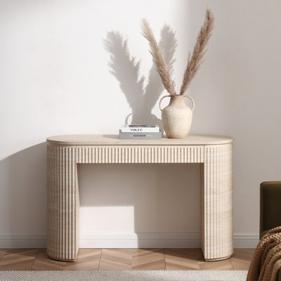 Mackenzie Modern Fluted Console Table Without Drawer, Oval Travertine Look Entryway Sofa Table With Ribbed Textured Sides, Faux Marble Veneer Top, Mdf Entry Hallway Accent Furniture