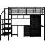 Lit mezzanine en métal avec table et garde-robe, double, conception épurée noire, structure solide, rangement spacieux, assemblage simple de taille double et de construction moderne, structure de la structure, espaces de rangement abondants, processus