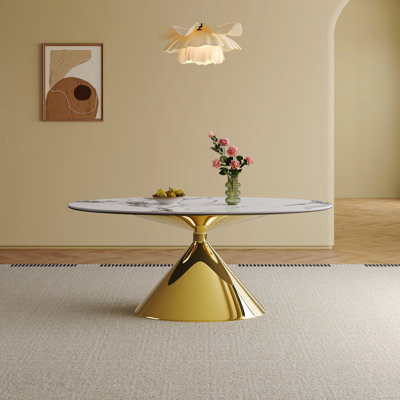 Table de salle à manger ovale de luxe moderne 71 po avec base en acier inoxydable doré pour 4 à 6 personnes