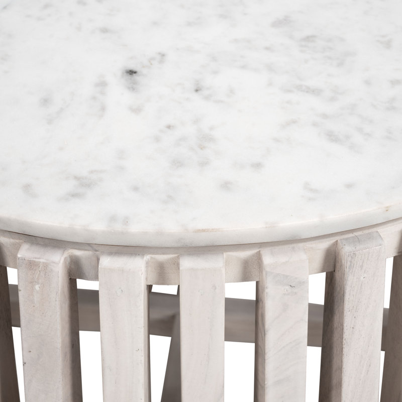 Round White Marble Top Coffee Table with Natural Wood Base