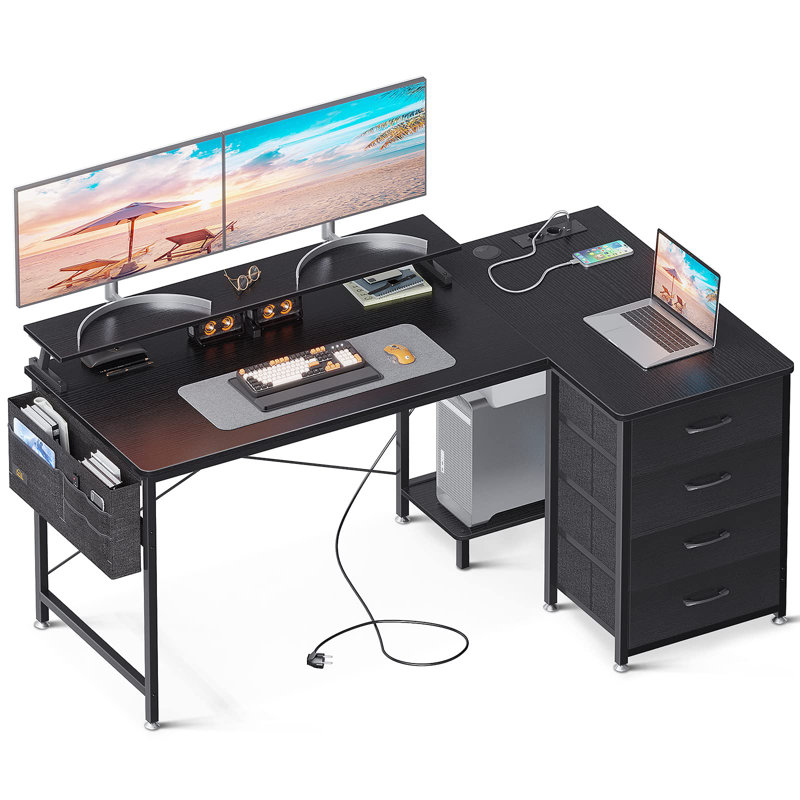 Yatendra L-Shaped Metal Base Writing Desk with Power Outlet, Black