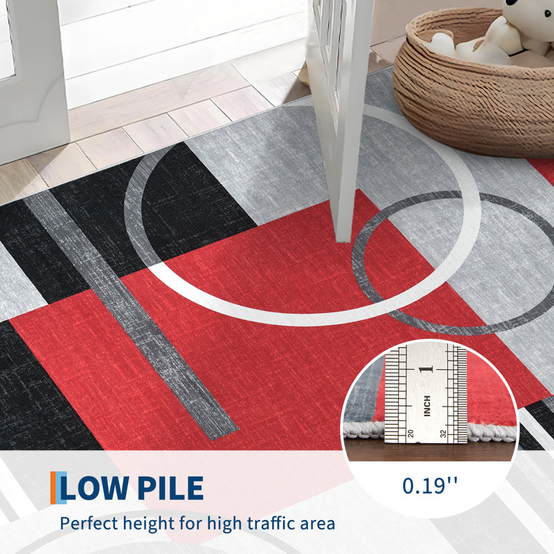 Modern Area Rug Non Slip Rug Low Pile Accent Throw Rugs Stain Resistant Indoor Floor Carpet for Living Room, Red