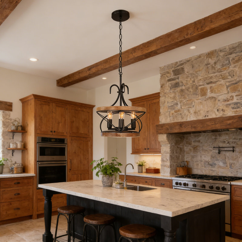 4 - Light Unique / Statement Wood Farmhouse Chandelier With Bulbs