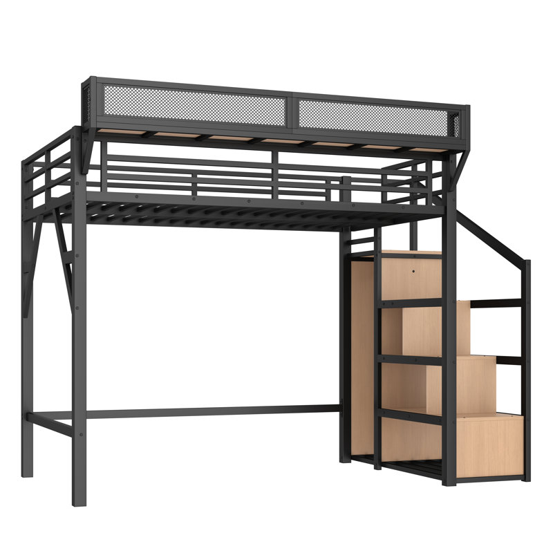 Lit mezzanine simple TG avec escalier de rangement, garde-robe et tablettes intégrées, structure en métal avec lumières USB et DEL, bois naturel