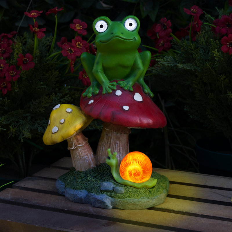 Frog on Mushroom Solar Statue with LED Lights, 12" H x 9" W x 7" D