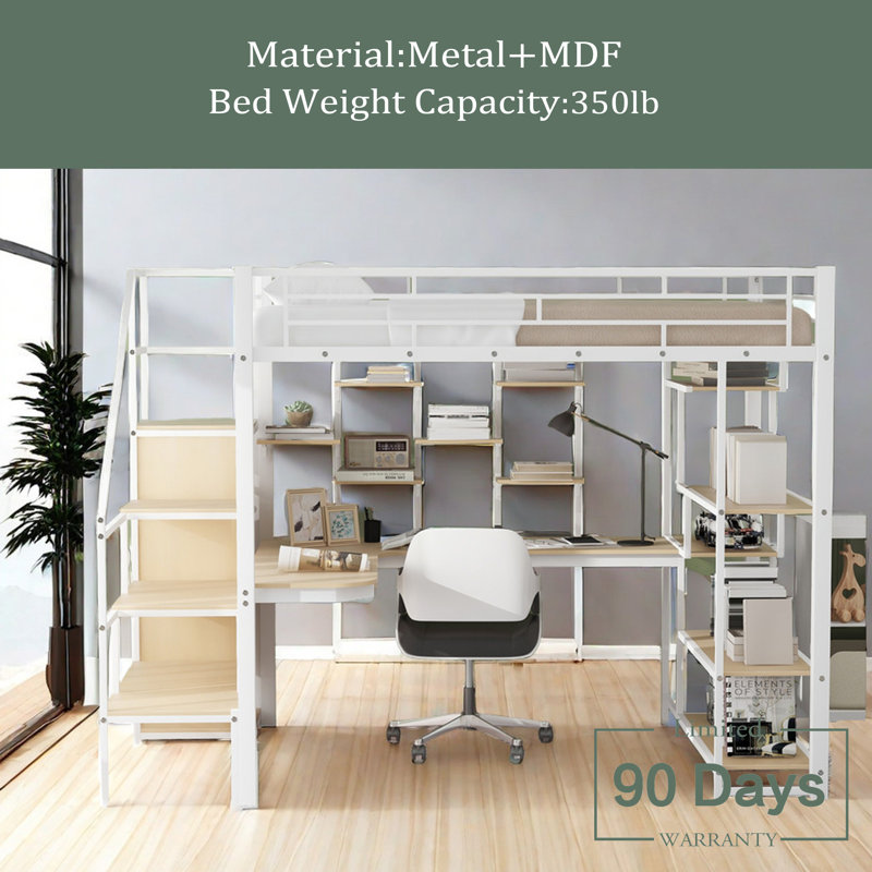 Lit mezzanine double en métal avec escalier de rangement et petite armoire, bureau intégré et tablettes de rangement, Blanc