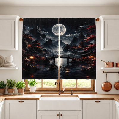 2Pcs Japanese Landscape Curtains, Moonlit Mountains and Pagodas, Water Reflection, Bridge Scenery, Light Filtering Fabric, Home Decoration
