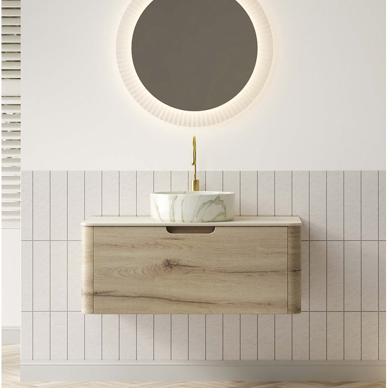 Meuble-lavabo de 36 po avec lavabo, armoire de rangement flottante avec tiroir, lavabo en céramique avec motif en pierre et plateau en pierre frittée à motif travertin, pré-assemblé