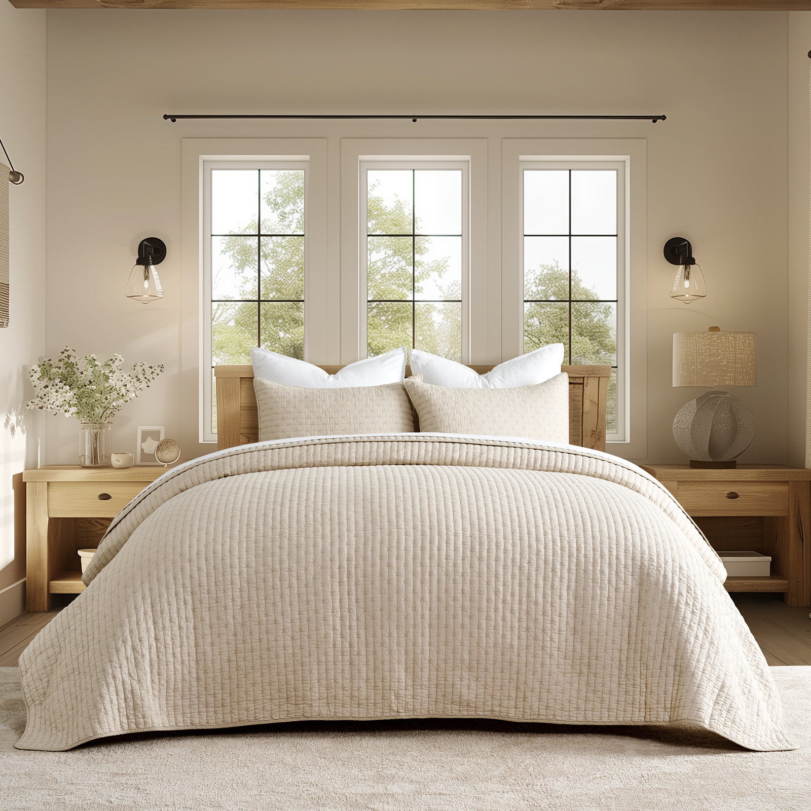 Cross Stitch Cotton Quilt set, Queen, Flax Beige