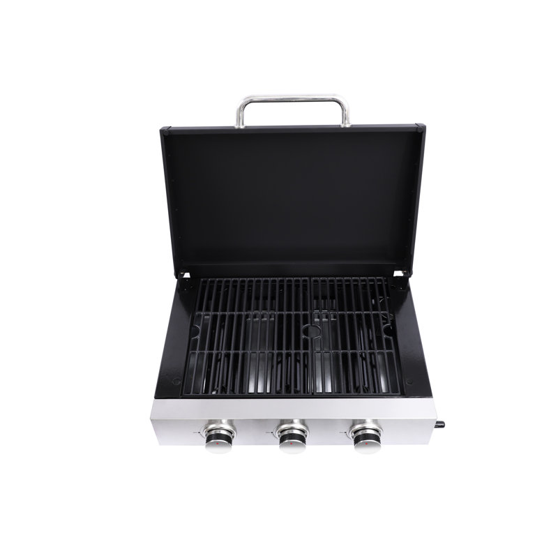 Barbecue au gaz à 3 brûleurs avec filet en fonte incassable, corps de poêle émaillé, résistance aux hautes températures, carter d'huile coulissant, gril multifonction en acier inoxydable à température de 28650 BTU,