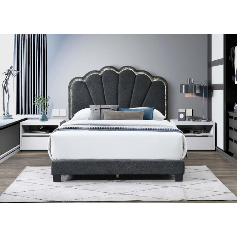 Lit plateforme moderne et glamour de taille queen avec tête de lit coquillage réglable, Grand lit, Gris foncé