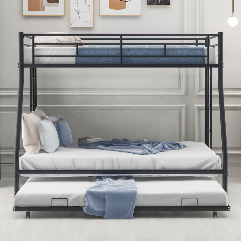 Twin Over Full Bunk Bed With Stable Steel Frame, Size Trundle And Two Ladders, Black Color Metal Mechanical Feature, Ladders