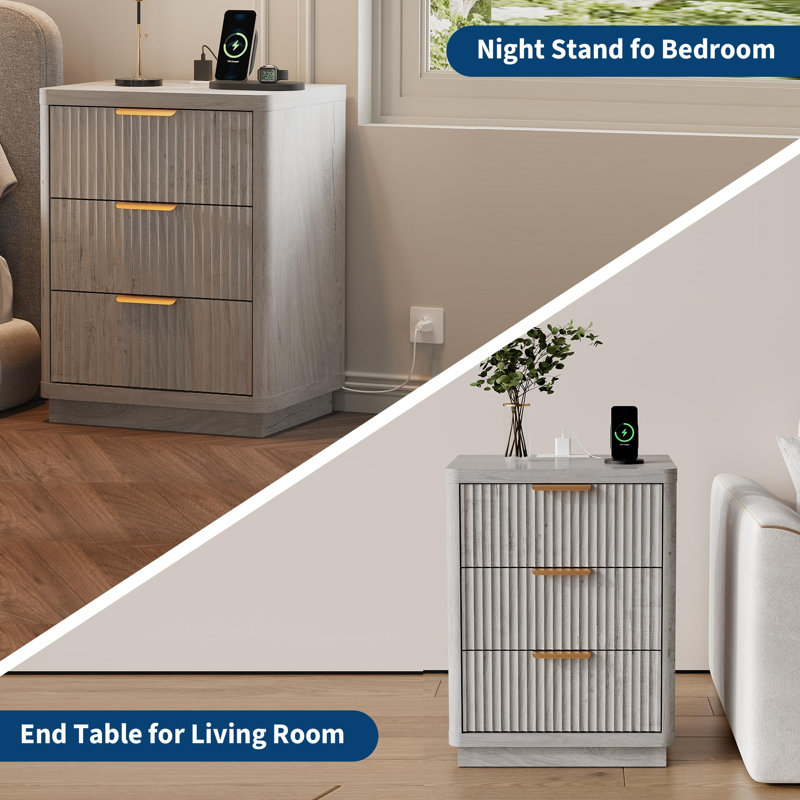 Fluted Nightstand with Charging Station, Mid Century Modern Fluted Nightstand, Modern End Table with Curved Corners