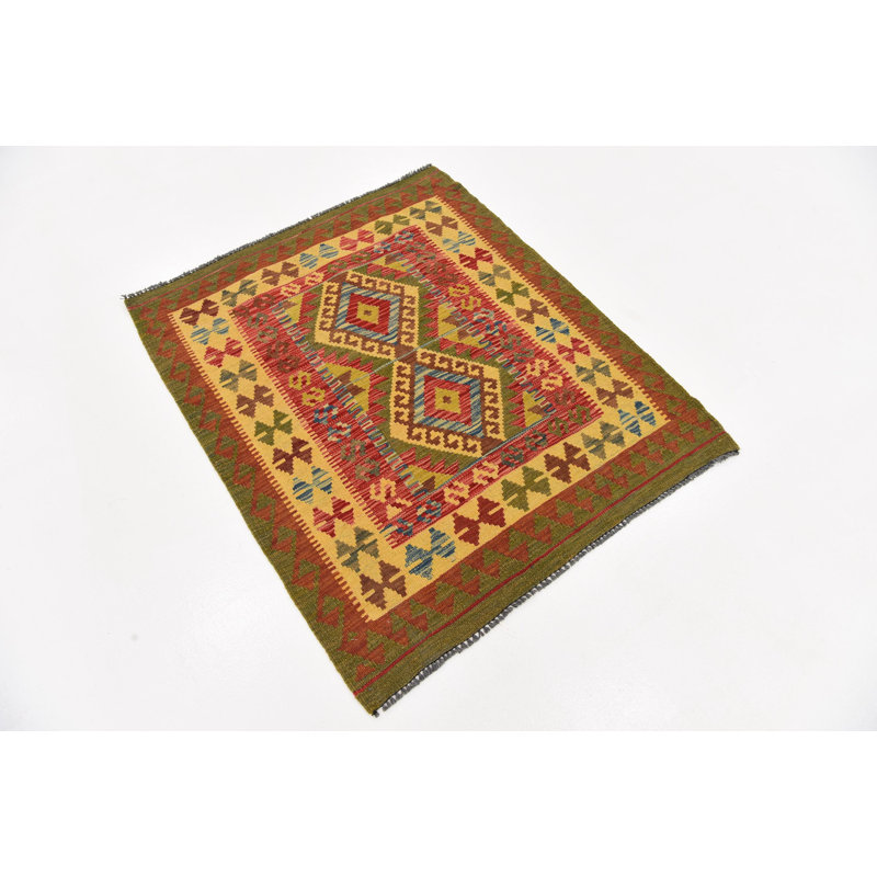Tapis de zone en laine beige/vert 3 pi 2 po x 3 pi 8 po one-of-kind-noué la main Doorfield
