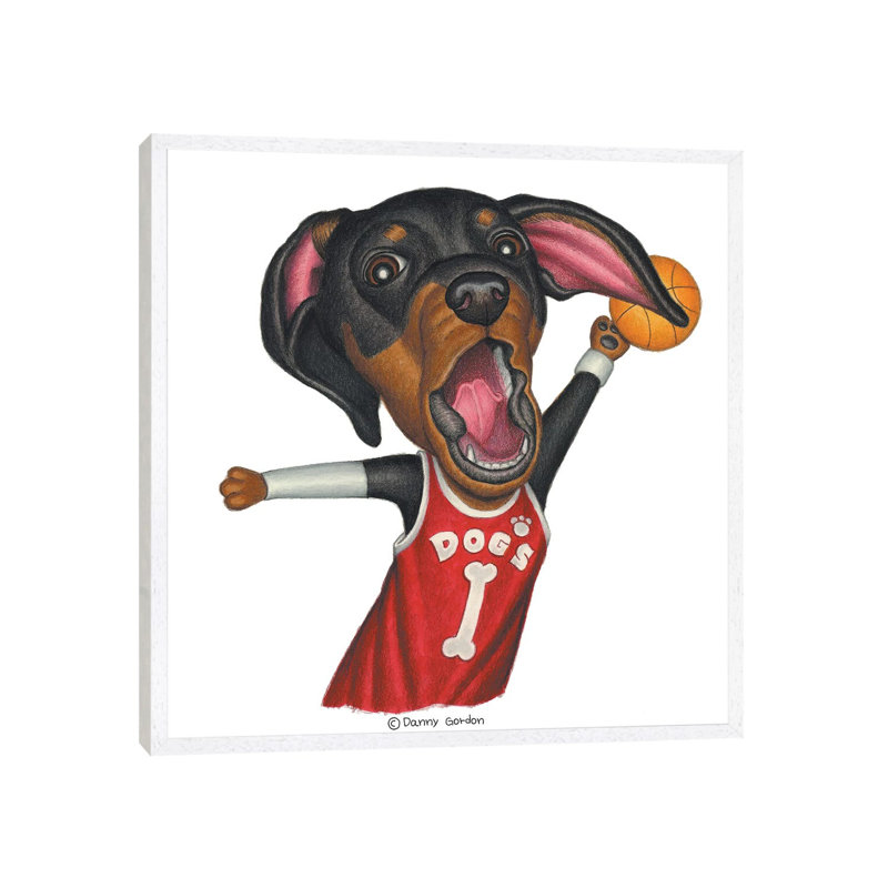 Dachshund Basketballer - Floater Frame Square Print on Canvas, 45.72 cm H x 45.72 cm W x 3.175 cm D, White Framed Canvas