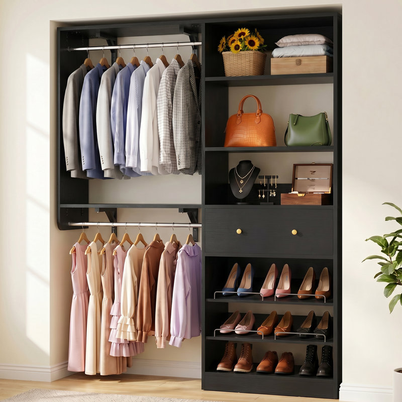 Riobe 28.3'' - 59.8'' W Closet System with Wooden Drawer and Hanging Rods(Cut to Fit), Black