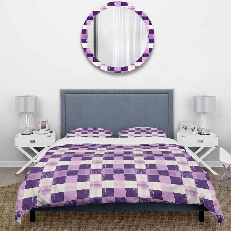 Ensemble de housse de couette mauve et blanc Mid-Century Gingham, Housse de couette très grand + 2 taies décorativ