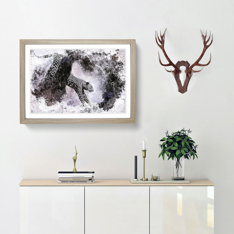 Leopard Climbing from a Tree in Abstract - Framed Print, 27cm H x 36cm W x 2cm D, Oak Framed