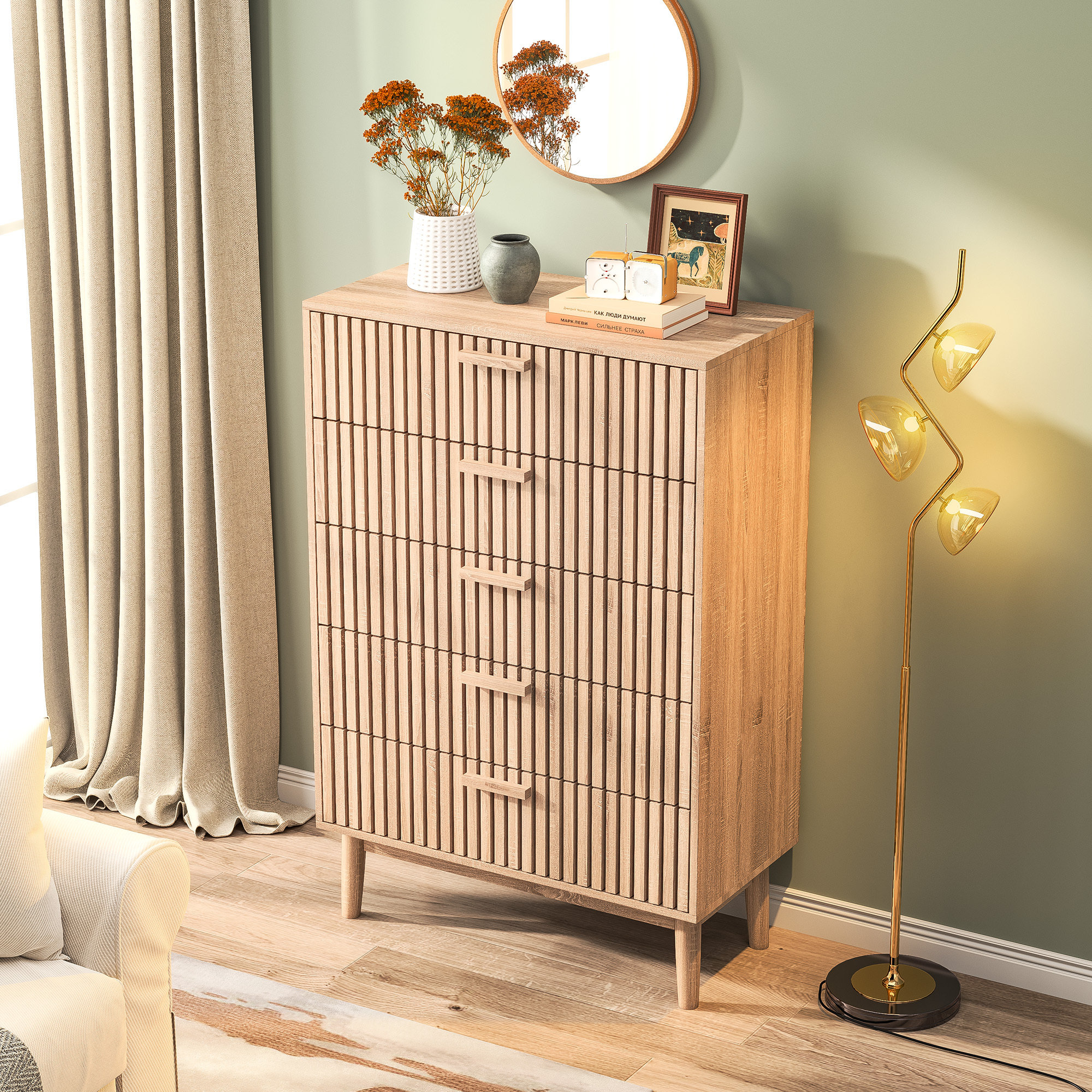 5 Drawer 31.5" W Double Dresser, Modern Wood Drawer Double Dresser