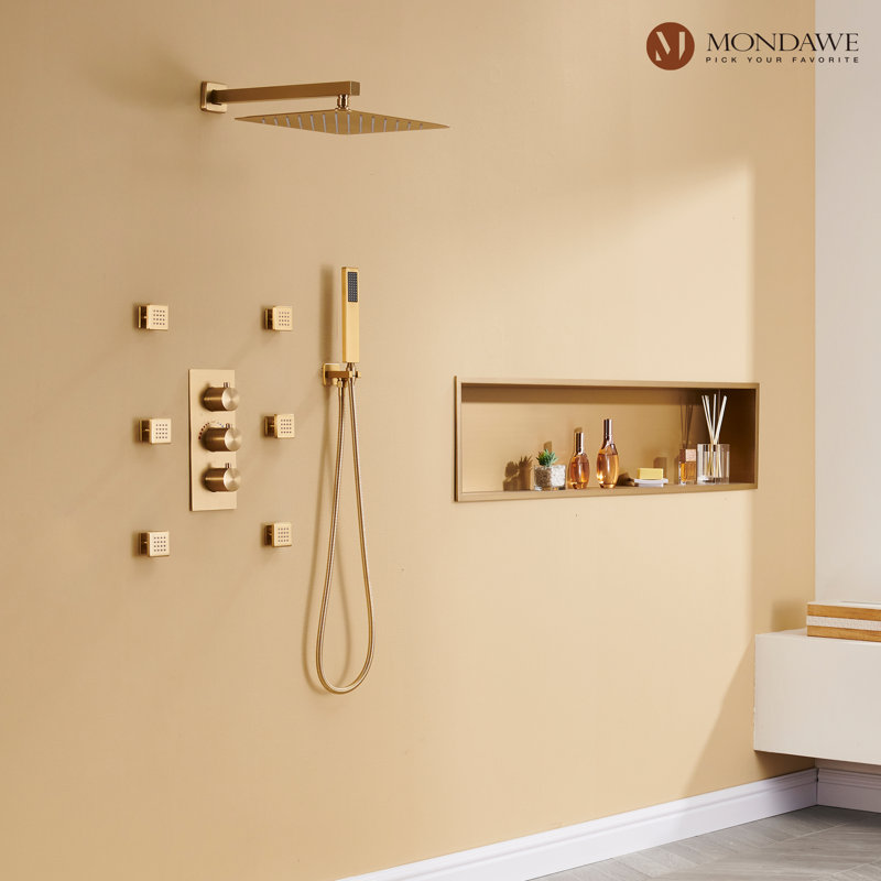 Brushed Gold Wall Mounted Rain Shower System with Handheld and Body Jets