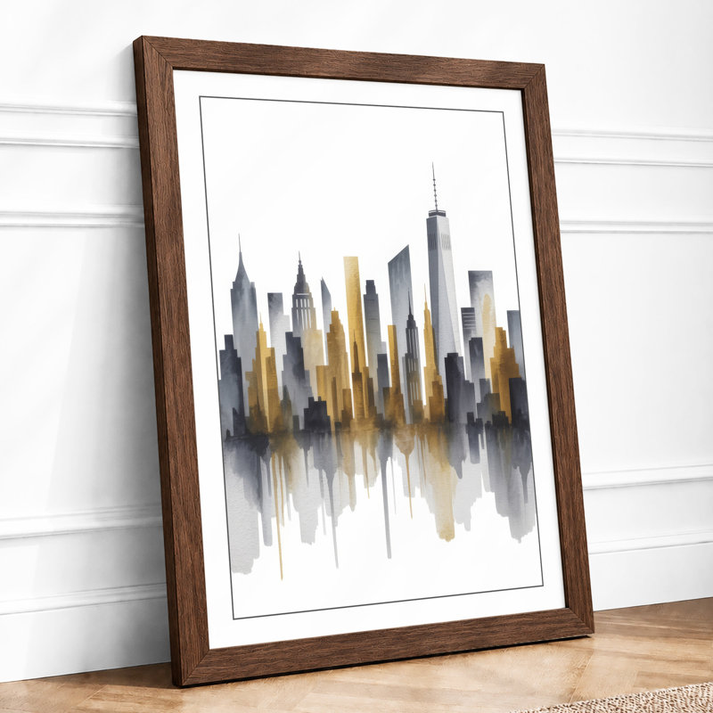 Mirrored Metropolis Modern - Framed Print, A2 - 59.4 x 42.0 cm, Walnut